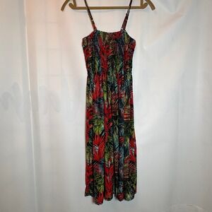 Tropical Leaf Print Smocked Knee Length Dress O/S Island Cruise Vacation Beach